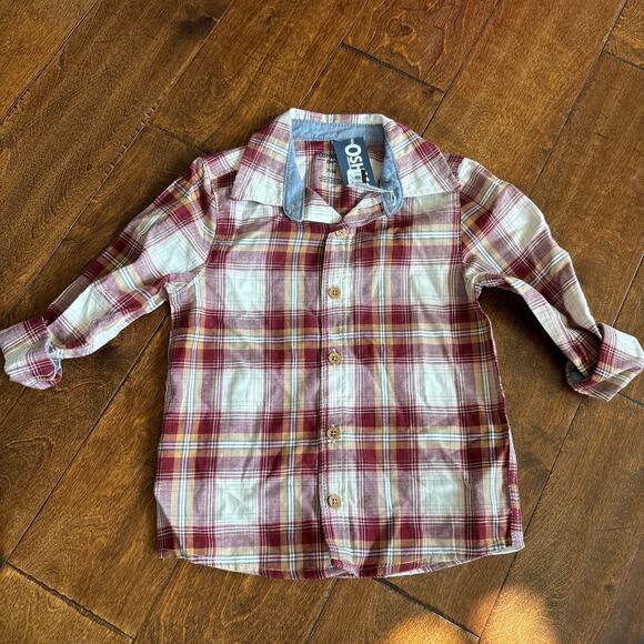 Oshkosh Boys Plaid Button Up Shirt Woven Collared Burgundy Brown Red Size 5T NEW - Picture 2 of 6